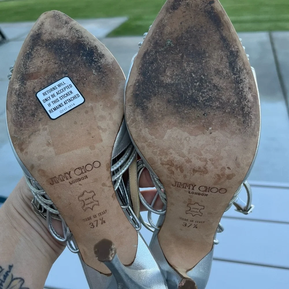 Jimmy Choo Silver Metallic Ankle Strappy Stiletto Heels - Picture 7 of 8